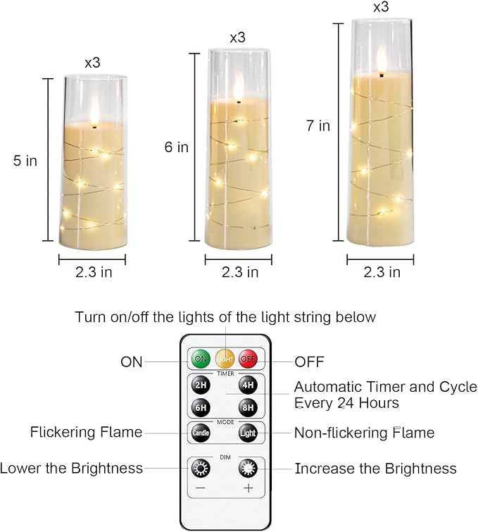 Raycare Flameless LED Candles with Embedded Star String, 9 Pcs Battery Operated Acrylic Pillar Candle with Timer and Remote, Flickering Candles for Romantic Ambiance and Home Decoration (Ivory)