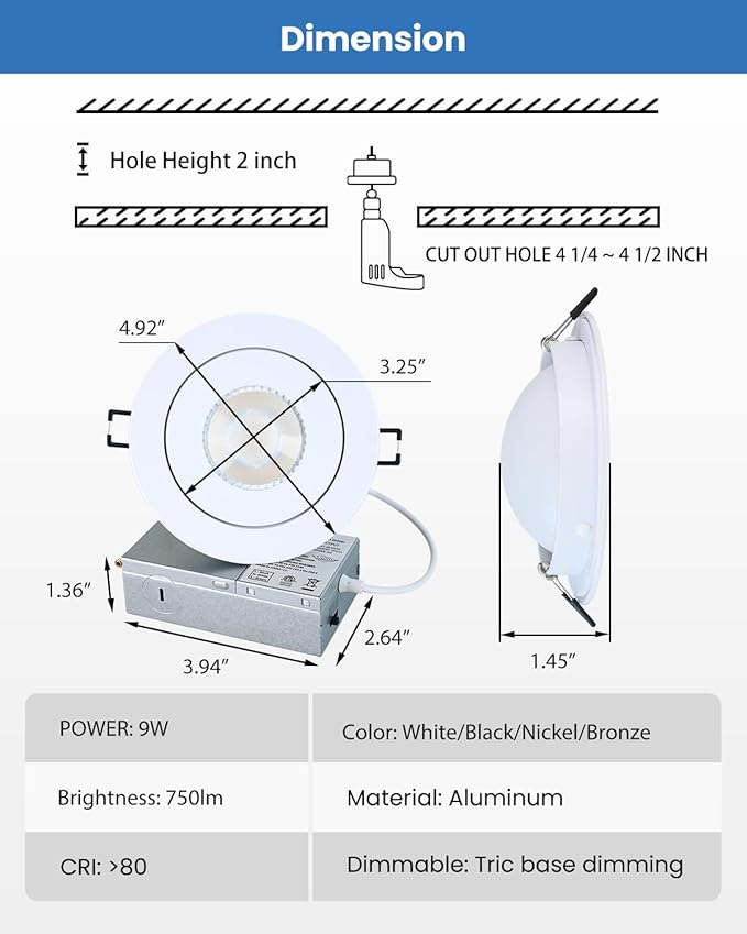 4 inch LED Recessed Light 9W 750lm Eyeball Sloped Gimbal Recessed Ceiling Lighting, Soffit Wafer Indoor Directional Lighting, 90° Tilt and 360° Rotation Recessed Lighting 4 inch White 6Pack