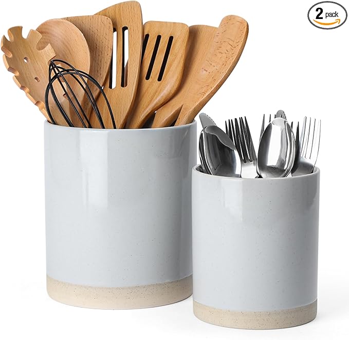 famiware Milkyway Kitchen Utensil Holder for Countertop, 7.2"+5.8" Ceramic Cooking Utensil Crocks for Counter, Utensil Organizer for Spatula & Spoon, Kitchen Decor, Set of 2, Light Gray