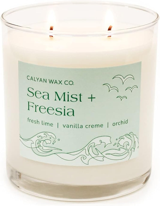 Calyan Wax Co. 2 Wick Candle, Sea Mist + Freesia Scented Candle, 37 Hour Burn Time, Aromatherapy Soy Candles, Non Toxic & Vegan Soy Wax, Glass Tumbler Scented Candles, 12.5oz