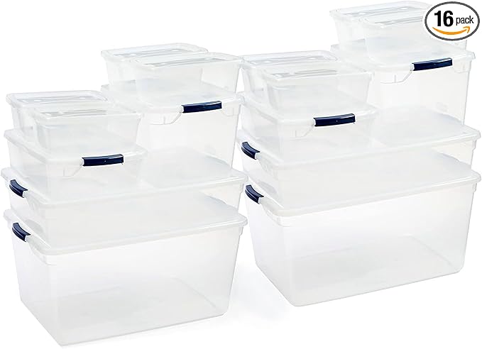 Rubbermaid Cleverstore Clear Dorm Variety 16-Pack, Made in USA, Stackable Large Clear Storage Bins with Lids, See-Through Plastic Storage, with Latching Lids, BPA-Free