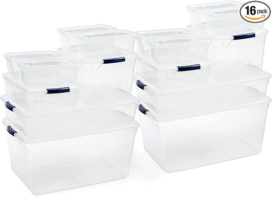 Rubbermaid Cleverstore Clear Dorm Variety 16-Pack, Made in USA, Stackable Large Clear Storage Bins with Lids, See-Through Plastic Storage, with Latching Lids, BPA-Free