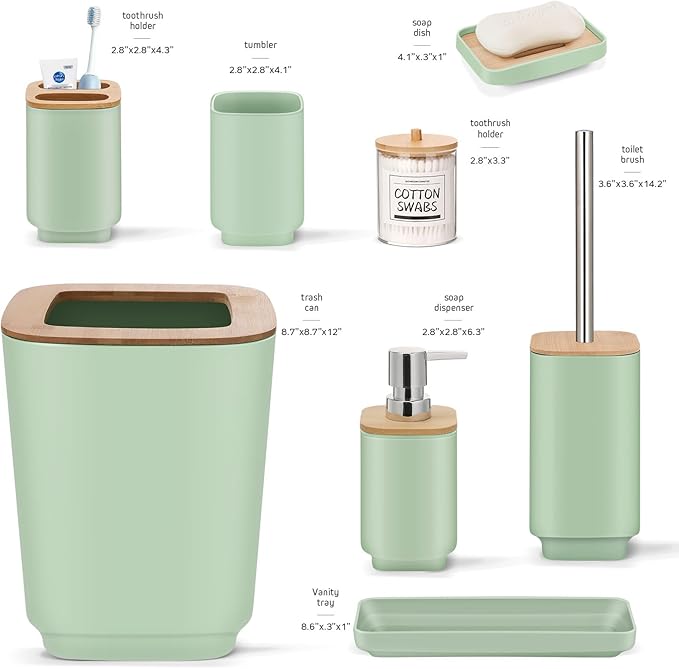 IMAVO Bathroom Accessories Set,Green Bathroom Set,11 Pieces Bathroom Accessory Set,Trash Can for Bathroom Accessories Décor and Housewarming Gifts