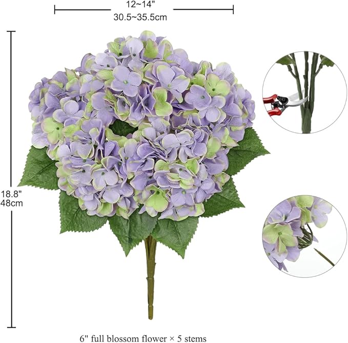 Green Purple Hydrangea Artificial Flowers Large Artificial Hydrangeas Silk Flowers for Home Decor Indoor Wedding Flowers Bouquets Faux Flowers Kitchen Centerpiece Table Decorations
