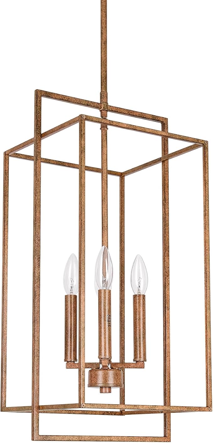Antique Bronze Chandelier Lighting Fixture with Geometric Metal Cage, Retro Inspired 4-Light Industrial Pendant for Kitchen Island, Living Dining Room, Home Office Stairwell