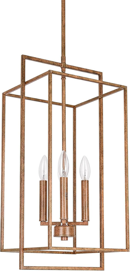 Antique Bronze Chandelier Lighting Fixture with Geometric Metal Cage, Retro Inspired 4-Light Industrial Pendant for Kitchen Island, Living Dining Room, Home Office Stairwell