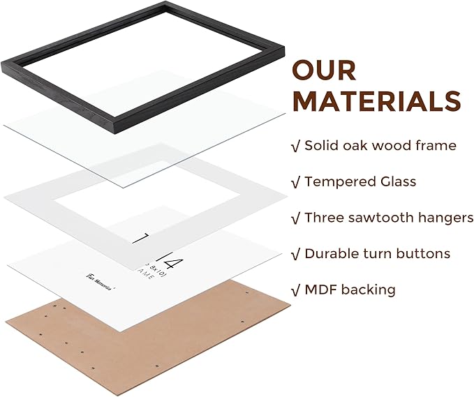 Black Picture Frames 11x14 Set of 3, Light Wood 11 x 14 Frames for Wall, Solid Oak Wood Frame 11 by 14 with Tempered Glass, 11x14 Frame with Mat for 8x10, Black 11x14 Poster Frames