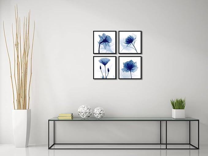 Pyradecor Black Framed Wall Art Blue Flickering Flower Modern Paintings Canvas Artwork 4 Panels Grace Floral Pictures on Canvas Prints for Bedroom Office Home Decorations