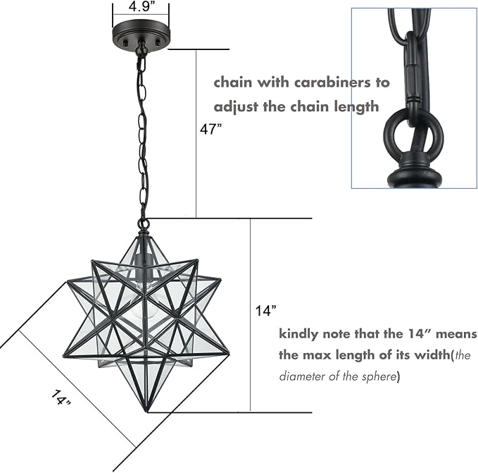 14'' Moravian Star Pendant Light Clear Glass Shade Hanging Star Lights with Adjustable Chain-E26 Dimmable Hanging Light for Kitchen Bedroom Entryway Foyer