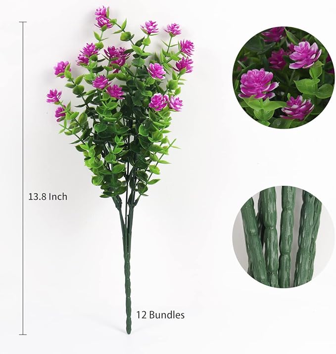 RECUTMS Artificial Flowers Outdoor UV Resistant Fake Plants Indoor Outside Hanging Planter, 12 Bundles Outdoor Fake Flowers UV Resistant Faux Plastic Plants Garden Porch Window Box Décor（Fuchsia）