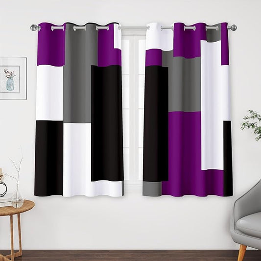 Purple 100% Blackout Curtains for Bedroom 45 inch Length 2 Panels Set Grey Modern Abstract Geometric Black Out Curtains Insulated Room Darkening Window Drapes for Living Room, 52Wx45L