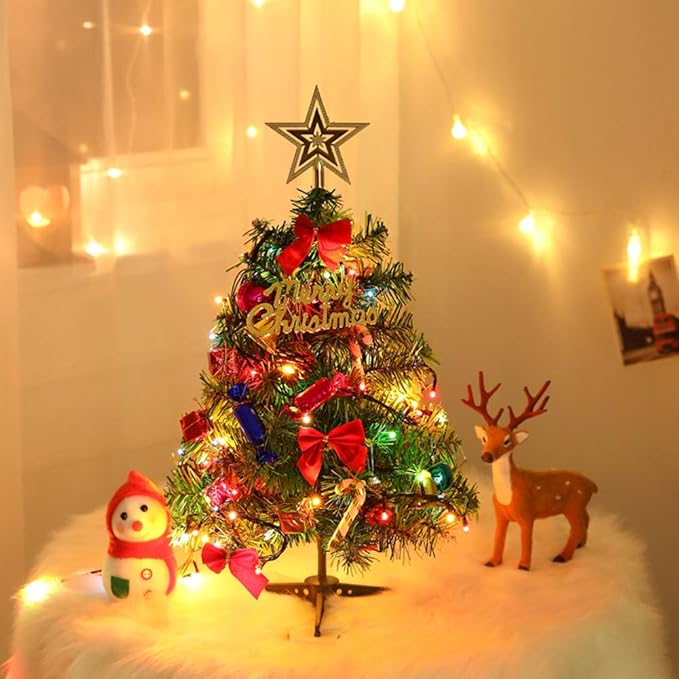 Mini Christmas Tree Small Christmas Tree with LED Lights Ornaments Tabletop Artificial Christmas Decorations Indoor Christmas Decor 24"/60cm
