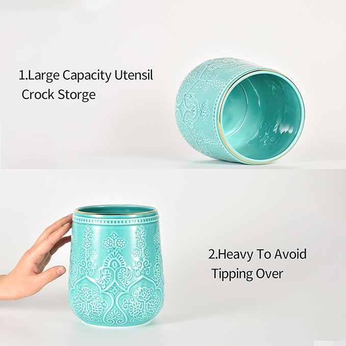 Utensil Holder, Large Utensil Holder for Kitchen Counter, 6.5”Ceramic Cooking Utensil Organizer, Kitchen Decor for Counter (Turquoise)