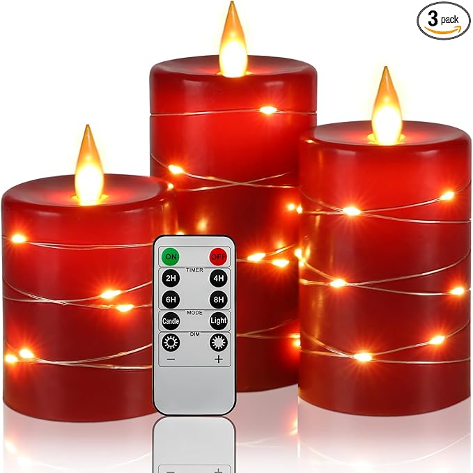 Da by Red Flameless Candles with String Lights, Battery Operated Candles with Remote Control and Timer,Flickering LED Pillar Candles for Home Décor,Real Wax,3 Pack -Red