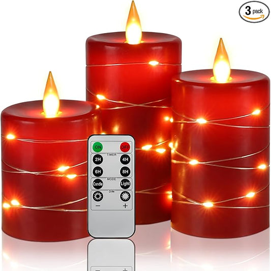 Da by Red Flameless Candles with String Lights, Battery Operated Candles with Remote Control and Timer,Flickering LED Pillar Candles for Home Décor,Real Wax,3 Pack -Red