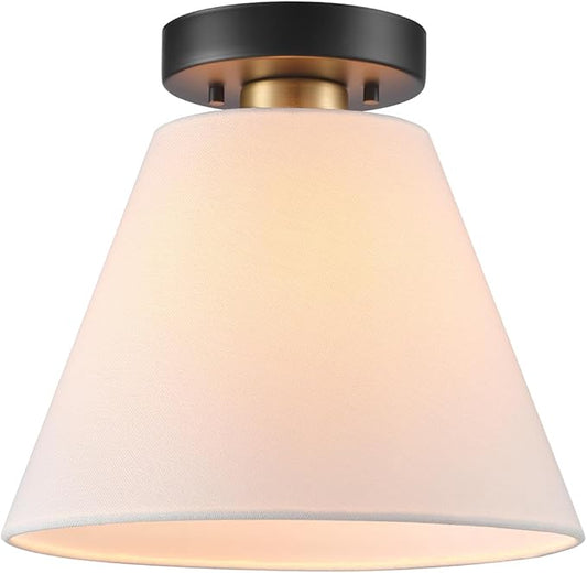 GLOBE Electric 66000137 1-Light Semi-Flush Mount Light, Matte Black, Matte Brass Accent, White Linen Shade, Modern Ceiling Light Fixture for Kitchen Island, Hallway, Living Room, or Bedroom