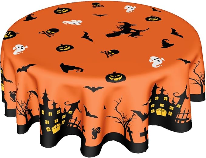 Kawani Halloween Tablecloth Round 60 Inch Orange Table Cloths Halloween Bat Castle Decorative Table Cover Durable Table Cloth Round Cover for Kitchen Dining Room Holiday Tablecloth for Dinner Party