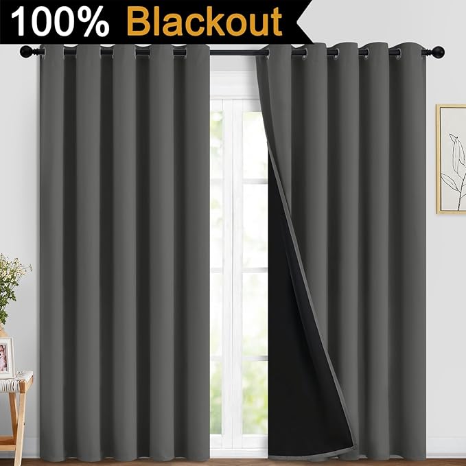 Yakamok Full Shade Curtain Panels, Heavy Duty Lined Curtains 84 Inches Long, Thermal Insulated Room Darkening Curtains with Black Liner for Bedroom(70" Width Each Panel, Dark Gray, 2 Panels)