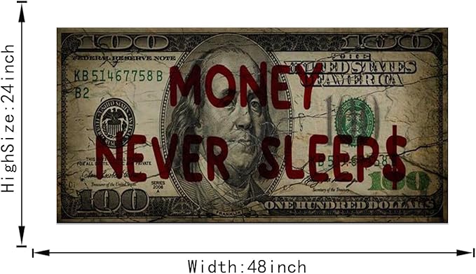 Canvas Money Wall Art Money Never Sleeps Inspirational Dollar Artwork Poster Canvas Painting Framed Ready to Hang-48x24 inches