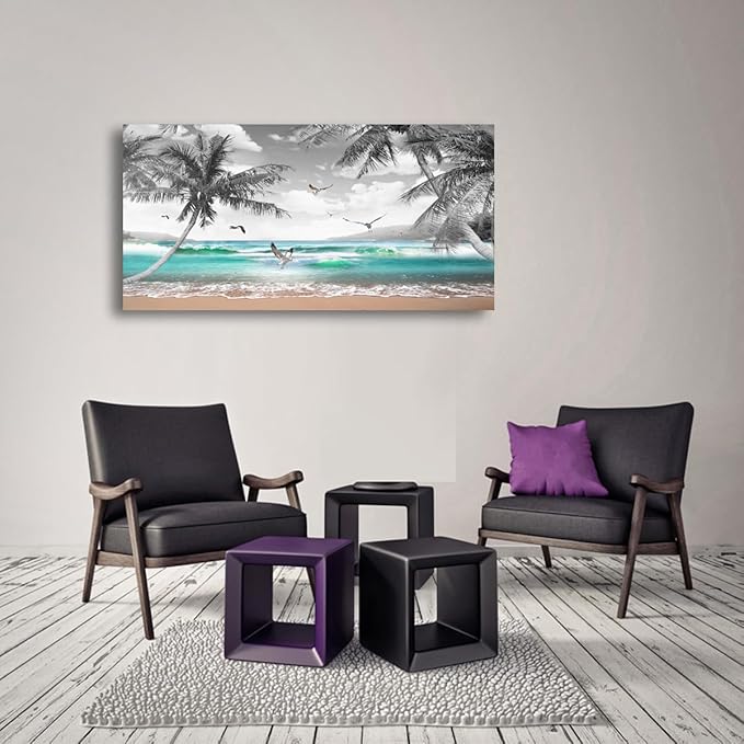 Beach Palm Pictures Canvas Wall Art For Living Room Bedroom Wall Decor,Sea Wave Wall Art Print Paitnings For Home Decor,Morden Artwork Coconut Tree Canvas Art Ready To Hang-24X48 Inches