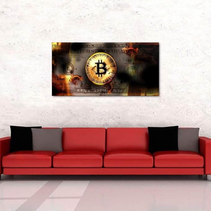 Yatsen Bridge Motivational Dollar Money Artwork Burning Bitcoin and Dollar Wall Art Framed Art Ready to Hang-48x24 inches
