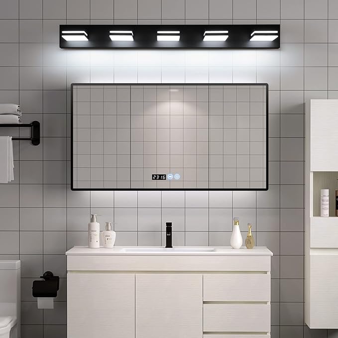 SineRise LED Modern Bathroom Vanity Light Fixtures (5-Light, 40-Inch), Matte Black Modern Acrylic Bathroom Wall Lighting Fixtures Over Mirror (Cool White 6000K)