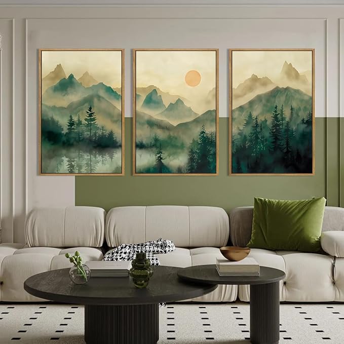 IARTTOP Large Mountain Canvas Wall Art Framed 24x36 Inch Foggy Forest Green Landscape Art Prints Nature Landscape Wall Decor for Living Room Bedroom Office Set of 3