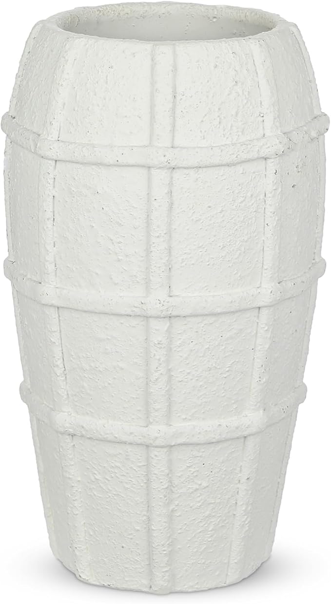 Briful Rustic Terracotta Flower Vase for Home Decor – 9" White Farmhouse Textured Barrel-Style Ceramic Vase Vintage Handcrafted Gridded Design for Faux & Dried Flowers Living Room Table Centerpiece