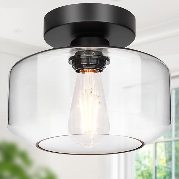 Industrial Semi Flush Mount Ceiling Light, 800 Lumen LED Bulb Included, Clear Glass Shade Ceiling Light Fixture, Farmhouse Light Fixture for Hallway Corridor Kitchen Bathroom Bedroom Passway