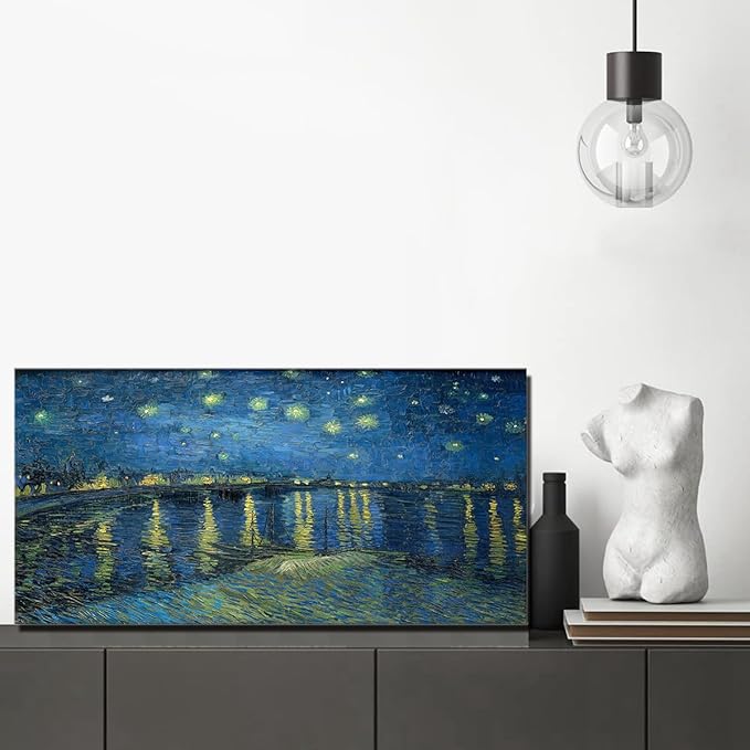 Large Artwork Starry Night Over the Rhone Van Gogh Girls Room Wall Art Famous Painting Canvas Print Blue Poster for Dining Room Hallway Office Wall Decor Framed 20x40inch