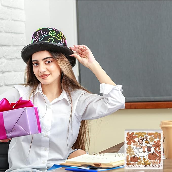 Feelin Goosey Fall Decorations for Home Office Funny Silly Goose Fall Decor, Autumn Pumpkin Goose Bow Decorations for House Gifts for Animals Lovers 5 x 5 inches (Tub 1701)