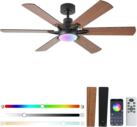 52in Ceiling Fans with Lights RGB Ceiling Fan with Light and Remote/APP Control,Low Profile Ceiling Fans with Lights for Bedroom,Living Room,Kids Room,3CCT Dimmable Modern Ceiling Fan, 8 Speeds,Brown