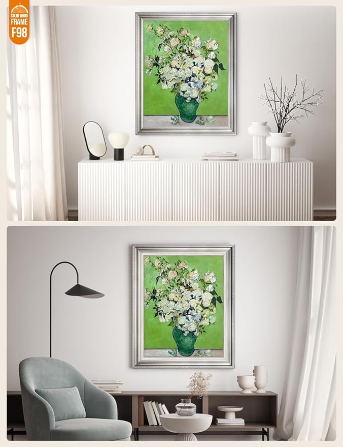 DECORARTS - Pink Roses in a Vase, Vincent Van Gogh Art Reproduction. Acid Free Cotton Canvas Giclee Print w/Bronze Frame&Mat for Wall Decor.