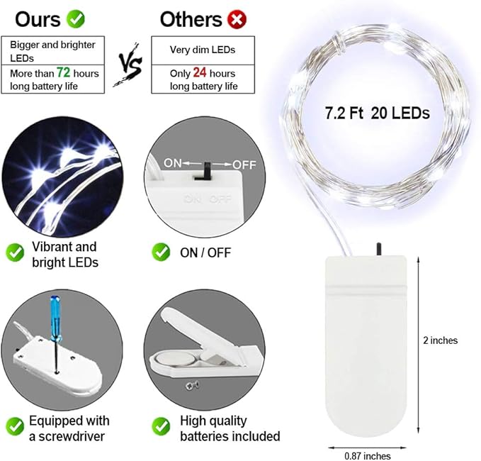 MUMUXI 32 Pack 7.2ft Fairy Lights Battery Operated. 20 LED String Lights Waterproof Silver Copper Wire Starry Firefly LEDs for Wedding Party Jars Christmas Decorations, Cool White