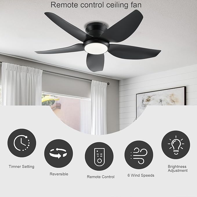 Ceiling Fans with Lights, 43 Inch Low Profile Ceiling Fan with Light and Remote/App Control, Flush Mount, Reversible DC Motor, 3CCT, Dimmable, Noiseless, Black Ceiling Fan for Indoor/Outdoor Use
