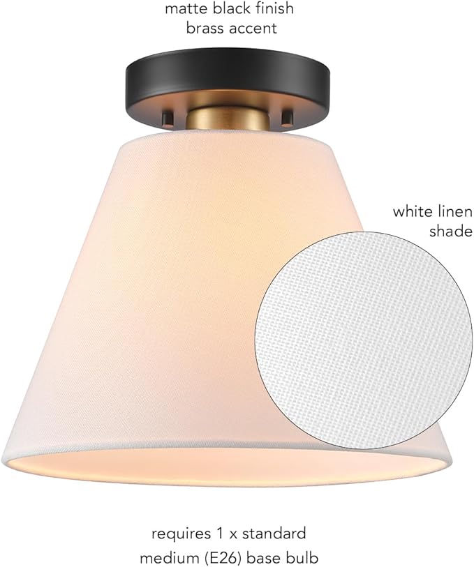 GLOBE Electric 66000137 1-Light Semi-Flush Mount Light, Matte Black, Matte Brass Accent, White Linen Shade, Modern Ceiling Light Fixture for Kitchen Island, Hallway, Living Room, or Bedroom