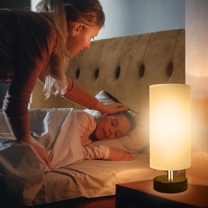 Small Lamp for Bedroom, Bedside Lamps for Night Stands, Mini Minimalist Table Lamp with Round Gray Fabric Shade, 11.8 Inch Desk Reading Lamp for Dorm Room Living Room Office Room, 1 Pack