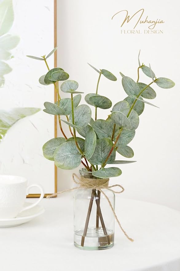 Artificial Eucalyptus Stems in Glass Vase with Faux Water,3Pcs Fake Plant with Double-Sided Green Leaves for Centerpiece(Double-Sided Green Eucalyptus)