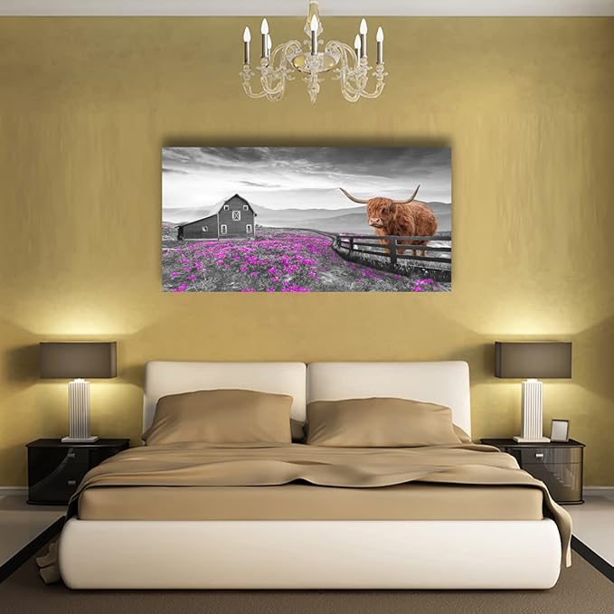 Highland Cow Pictures Canvas Wall Art for Living Room Home Wall Decor Black and White Background Animal Cow Purple Flowers Country Scenery Prints Painting for Bedroom Office Decoration 20x40 inches