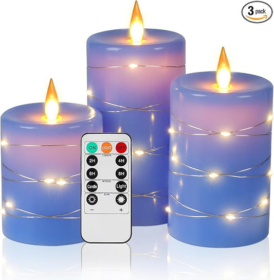Da by Flameless Candles with String Lights，Battery Operated Candles,LED Flickering Candles with Remote Control and Timer, Real Wax, 3 Pack-Blue
