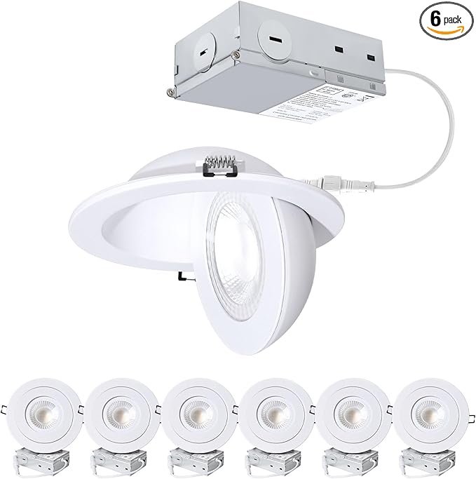 6-Inch Gimbal Recessed Light - 12W 90° Tilt & 360° Rotation, 1300lm, 5CCT (2700K-5000K), IC Rated LED Eyeball Recessed Lighting, for Sloped Ceilings, Soffit Light, Hallyway，Kitchens, White 6 Pack