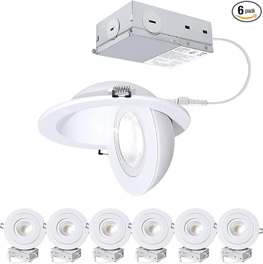 6-Inch Gimbal Recessed Light - 12W 90° Tilt & 360° Rotation, 1300lm, 5CCT (2700K-5000K), IC Rated LED Eyeball Recessed Lighting, for Sloped Ceilings, Soffit Light, Hallyway，Kitchens, White 6 Pack