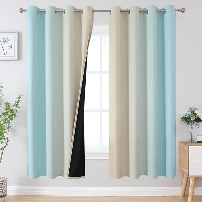 Estelar Textiler Full Room Darkening Gradient Blackout Curtains 72 Inch Length 2 Panels Set, Ombre Aqua and Beige Thermal Insulated Full Light Blocking Grommet Blackout Drapes for Bedroom, 52Wx72L