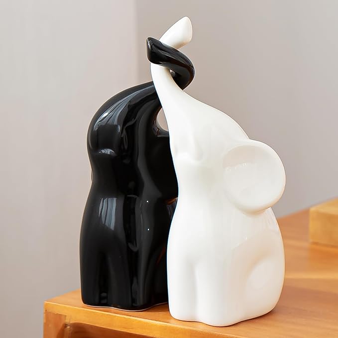 OwMell Set of 2 Loving Elephant Statue Figurine, 6" Elephant Ring Holder, Gifts for Couples Home Lucky Decor - Black White