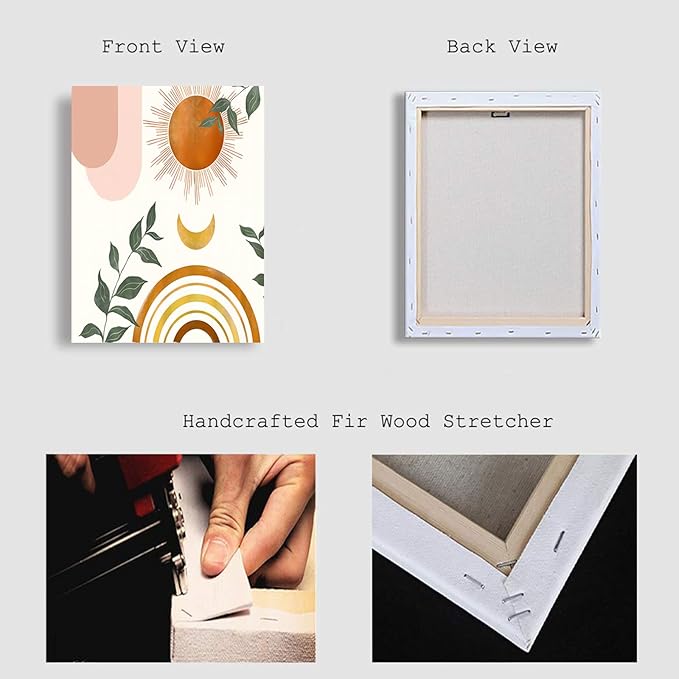 Boho Wall Art, Minimalist Framed Wall Art Geometric Line Leaf Sun Moon Rainbow Canvas Artwork Paintings, Abstract Botanical Boho Room Decor, Office, 12"x16"