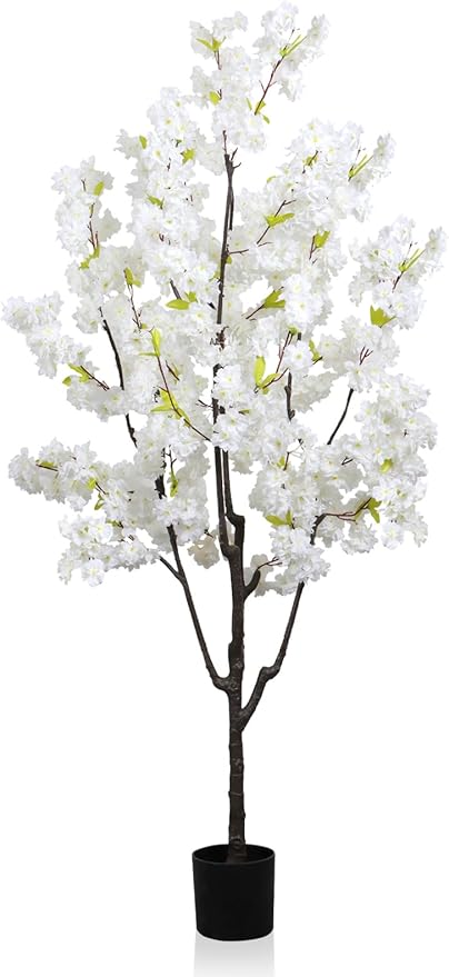Faux White Cherry Blossom 6ft(72in) Artificial Floor Green Plant for Indoor Decor Natural Potted Tree with Texture Flowers Realistic Wood Trunk for Home Living Room,Office Perfect Housewarming Gift