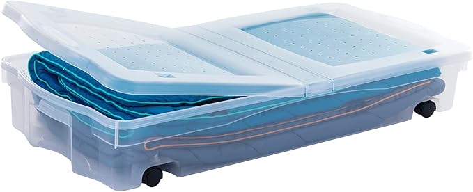 Rubbermaid 70 Quart Under the Bed Low Profile Storage Boxes with Dual Hinged Lids and Easy Rolling Caster Wheels, Clear, 2 Pack