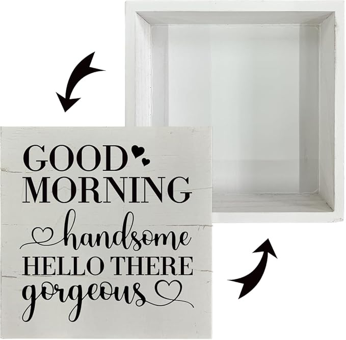Good Morning Gorgeous Hello There Handsome Sign - Farmhouse Style Bathroom Wooden Box Sign for Tabletop, Shelf, or Desk Decor