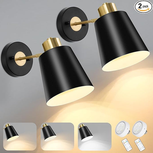 Battery Operated Wall Sconces Set of 2, Wireless Wall Lights Dimmable with Remote Control, Indoor Sconce Wall Decor, LED Cordless Black Wall Mounted Lamps for Bedroom Living Room Hallway