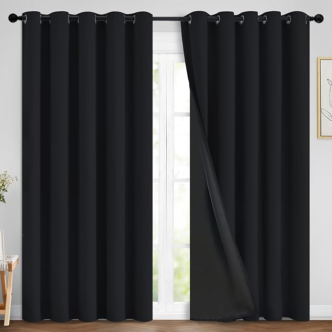 Yakamok 84 Inch Length 100% Blackout Curtains for Bedroom, 2 Thick Layers Thermal Insulated Grommet Total Blackout Drapes with Black Liner for Living Room (70Wx84L,Black, 2 Panels)